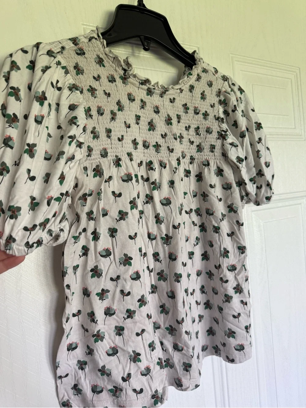 2 for $15 sale: LOFT white blouse features a vibrant green and pink floral print